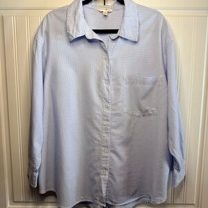 Terra & Sky Women’s Blue & White Striped Button-Down Shirt – Size 1X (16W–18W)